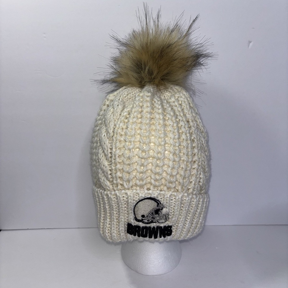 Women's NFL Cleveland Browns Cream Cuffed Knit Hat with Pom EUC